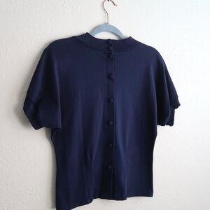 Vintage Navy Mock Neck Back Button Blouse Minimalist Tailored Top